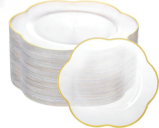 Liacere 100PCS Clear Plastic Plates - Clear and Gold Disposable Dinner Plates - 10inch Heavy Duty Gold Dinner Plates, Perfect for Wedding & Party & Holiday