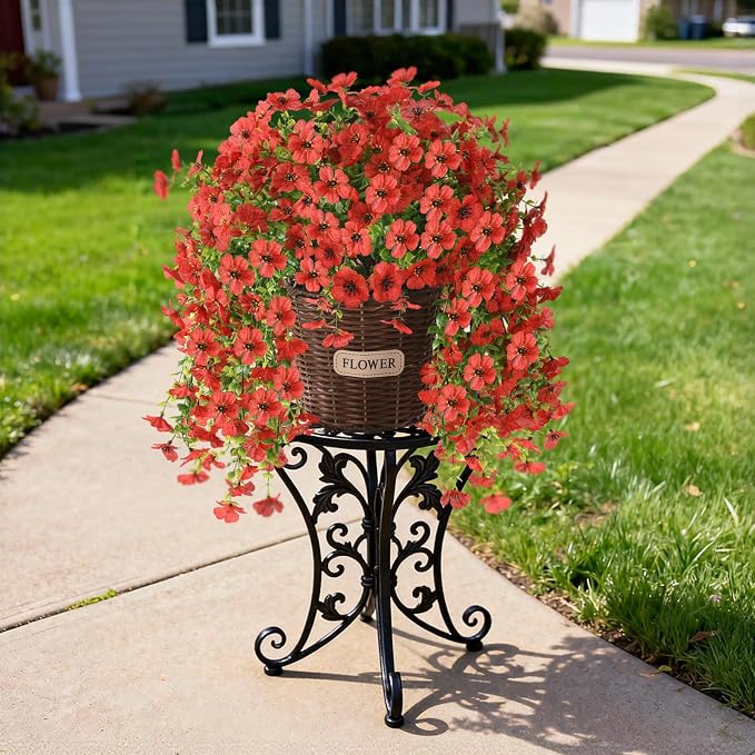 Artificial Flowers Hanging Baskets, 4 Bundles Outdoor Hanging Basket Spring Summer Decoration, No Fade Realistic Fake Flowers Plants for Porch Patio Balcony Home Yard Decor(Red)
