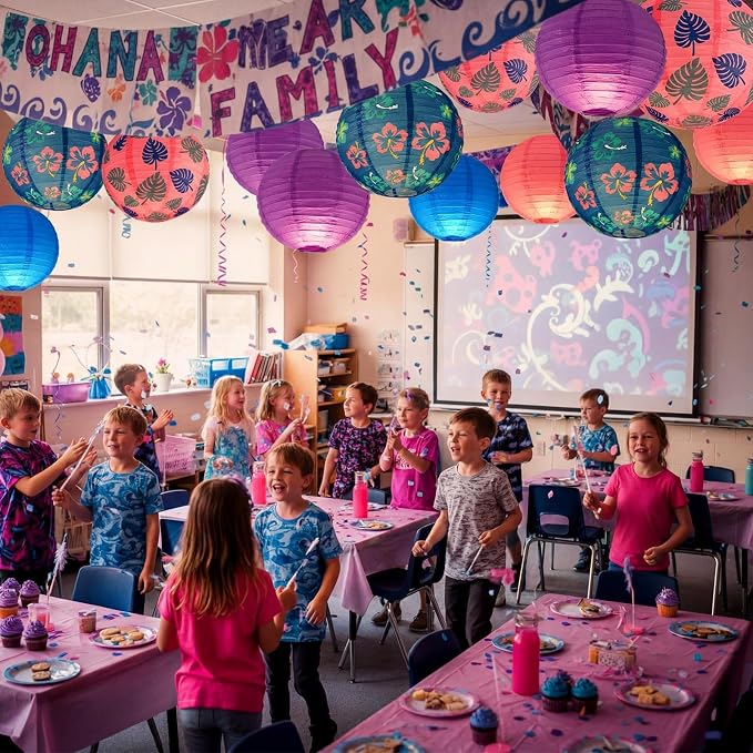 Weysat 12 Pcs Cartoon Hawaiian Animation Themed Hanging Paper Lanterns Hawaiian Themed Purple Blue Pink Lantern Decorations Luau Birthday Party Supplies for Birthday Party Classroom Home Decor