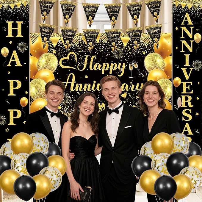 Black and Gold Happy Anniversary Decorations for Men Women, Black Gold Wedding Anniversary Party Decorations Banner, Porch Banner, Triangle Flag, Tablecloth and Balloons Kit Party Supplies