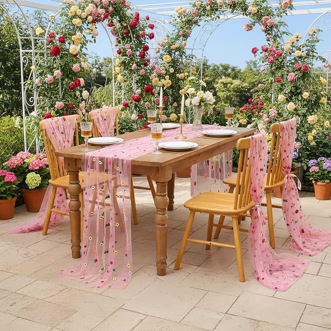 QueenDream 3 Pcs Pink Flower Table Runners 10FT Gauze Sheer Tulle Floral Table Linens for Spring Summer Home Tea Party Decorations