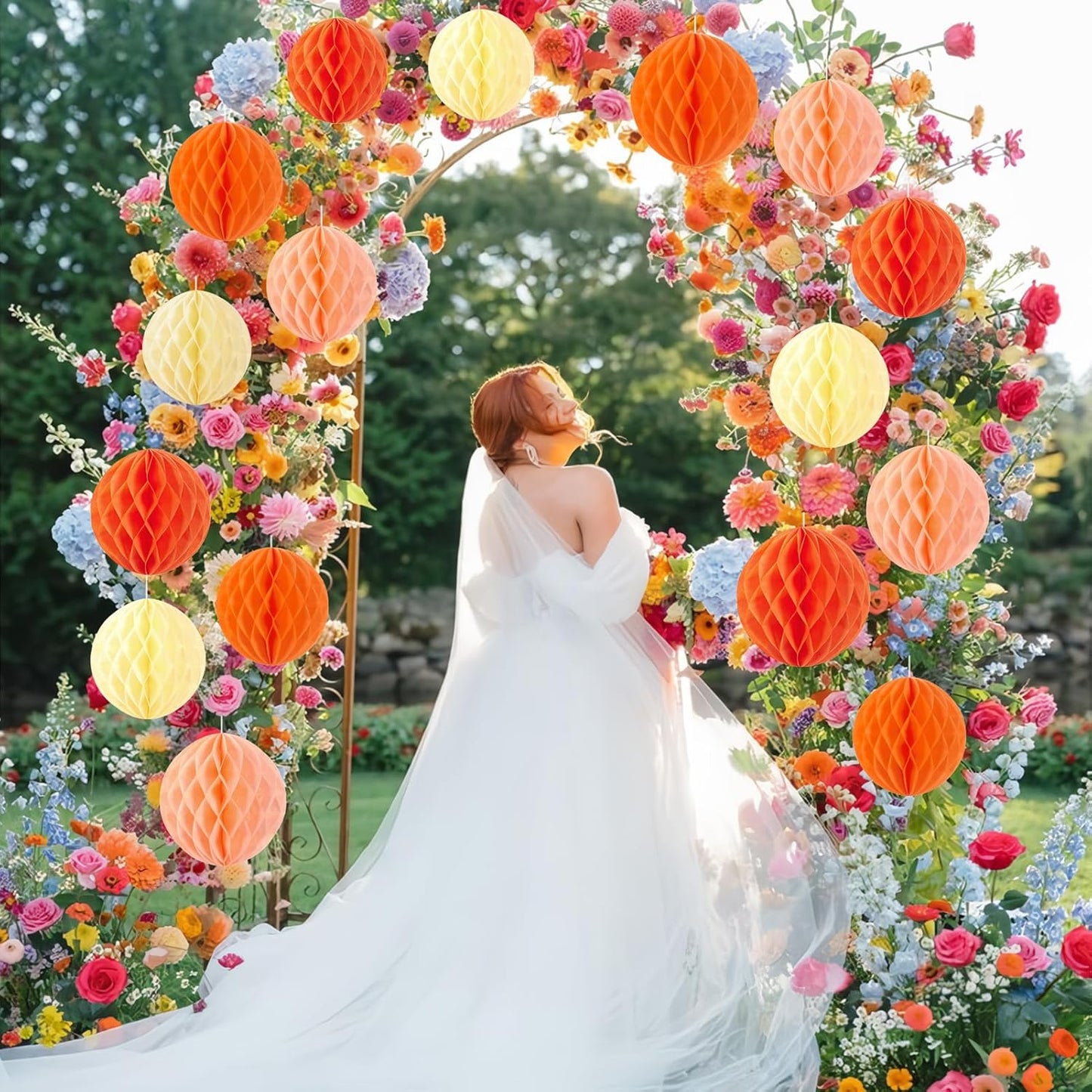 Pink and Orange Honeycomb Hanging Paper Balls, Fall Party Decoration, Groovy Birthday Party Decor for Graduation Autumn Halloween Wedding Baby Shower Birthday, Set of 16