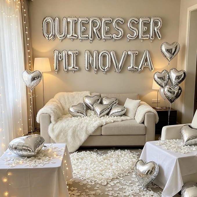 QUIERES SER MI NOVIA 2 Set Balloons - 34pcs 16" Letter, 10pcs 18" Heart, Alphabet Foil Mylar for Valentines Day Decorations with 1200pcs Cream White Artificial Rose Petals