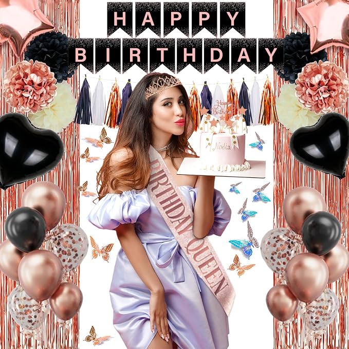 Guudmua 295 Pcs Black And Rose Gold Birthday Decorations, Birthday Decorations for Women or Girl Kit- Disposable Dinnerware Set with 25 Guest, Balloons, Sash, Tiara, Banner, Paper Pom Poms