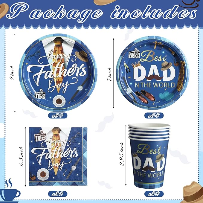 Jenaai 200 Pcs Father's Day Tableware Set Serve for 50 Guests 9" Dinner Plates 7" Dessert Plates Paper Cups and Napkins Set for Dinnerware Tableware Disposable Father's Day Party Supplies