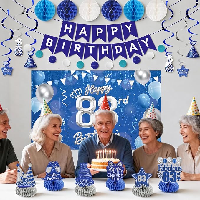 Happy Birthday Party Decoration Set: Including Birthday Banner Backdrop, Party Table Centerpieces and Hanging Swirl Party Streamers, Birthday Decor Suppliers for Men and Women (Blue, 83rd Birthday)