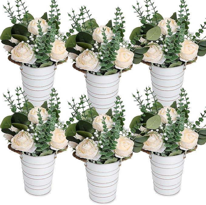 6 PCS Wedding Flower Table Centerpieces - 10 Inches Artificial Floral Arrangement with Rustic Tall Metal Vase for Wedding Birthday Party Bridal Baby Shower Event Decorations - Champagne