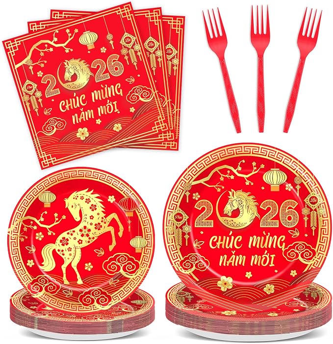 96Pcs Vietnamese New Year Party Decorations Vietnamese Horse Themed New Year Plates and Napkins 2026 Red Gold Horse Tableware Dinnerware Party Supplies for Spring Festival Lunar Decor Serves 24 Guests