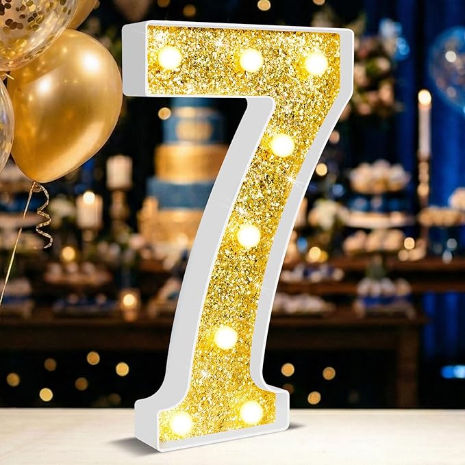 12.6 Inch LED Gold Marquee Light Up Numbers, 7th Birthday Decorations Number Lights as Gifts for Girls Boys, Glitter Lighted Marquee Numbers for Golden Anniversary Party Table Decor, 7