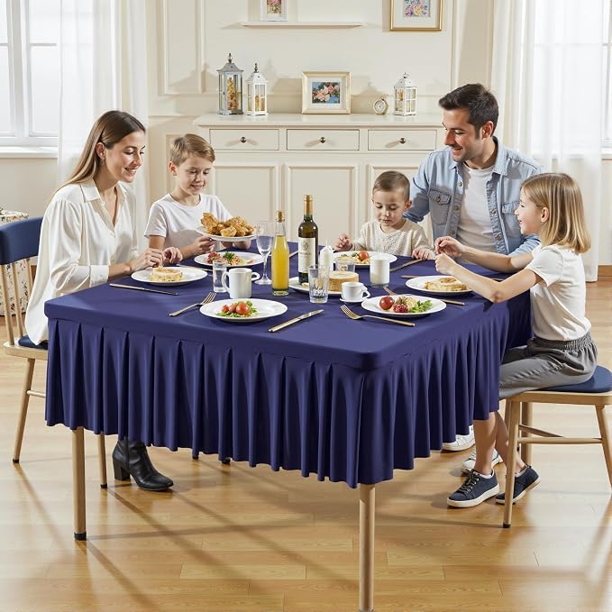 Wish Care Navy Blue Spandex Tablecloths for 48x48 Inch Square Tables, Stretch Fitted Table Clothes with Pleated Ruffle Skirt for 48” Table, Wrinkle Free and Elastic, for Party Kitchen Home Dining