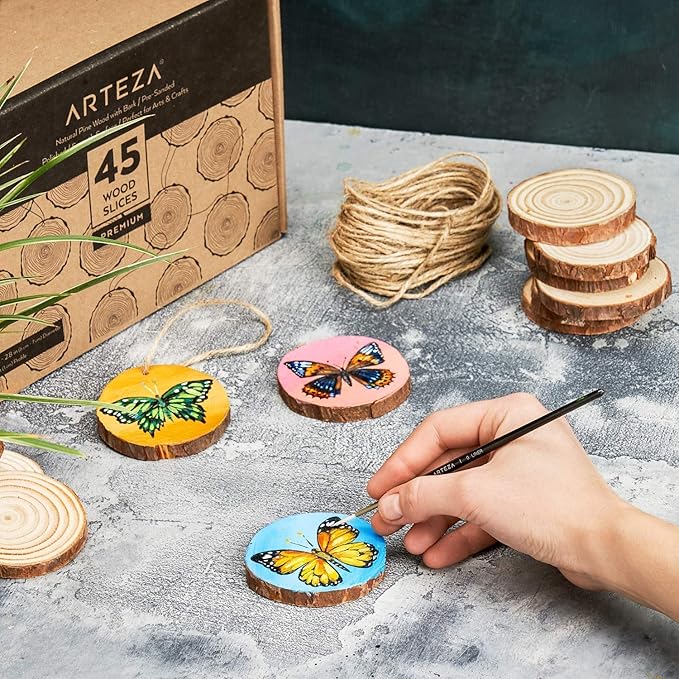 ARTEZA Natural Wood Slices, 2.4-2.8 Inch Diameter, Set of 45, Brown Round Pine Wood Discs with Bark for Crafts, Christmas Ornaments, Centerpieces