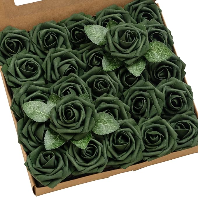 Ling's moment Artificial Flowers 25Pcs Emerald Green Roses Decor w/Stems,3" DIY Foam Floral for Wedding Bouquet/Centerpieces, Outdoors Party Backdrop, Room/Table, and Garden/Pot Decorations