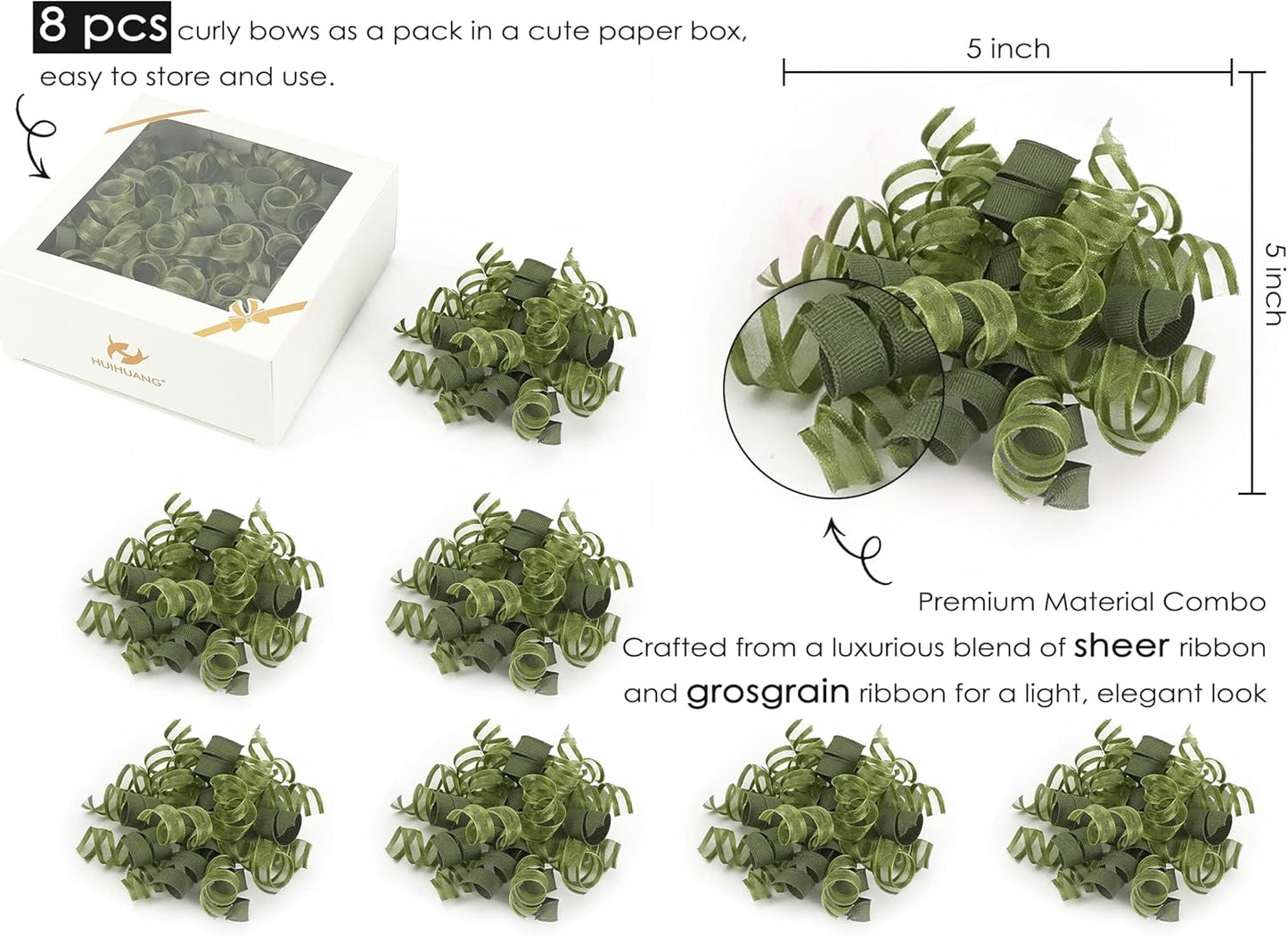 HUIHUANG Green Bows for Gift Wrapping Christmas Gift Bow 5 inch x 8 Counts Moss Green Self-Adhesive Curly Ribbon Bows for Presents, Paper Bag, Party Favors, Wrapping Accessories