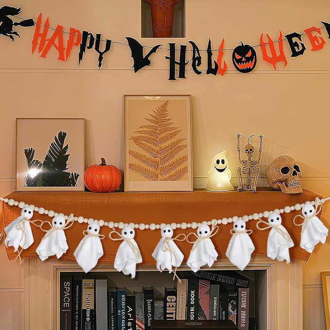 8.5Ft Halloween Ghost Garland with Wooden Beads, Handmade Ghost Banner for Spooky & Cozy Home, Indoor Halloween Decor for Fireplace, Doorways & Outdoor Party