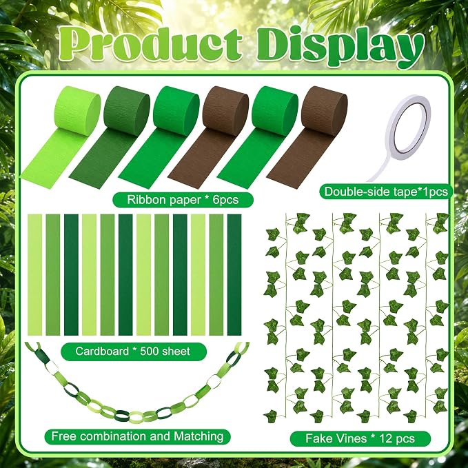 LFUTARI 500 Sheets Green Paper Chain Strips Garland, 492ft Jungle Crepe Paper Streamers and 82ft Fake Ivy Vines for Holiday Birthday Back to School Rainforest Party Classroom Backdrop Decorations