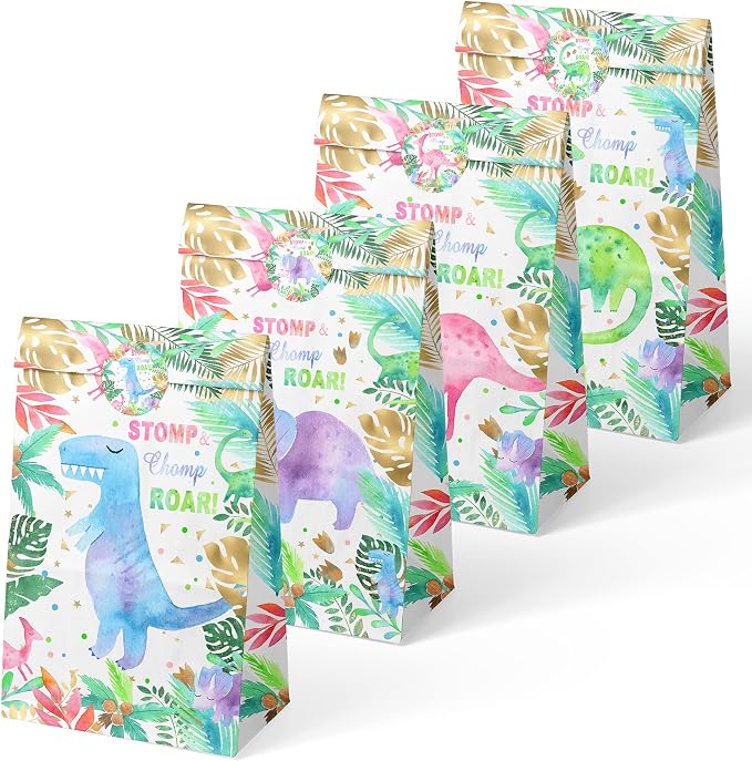 24 Pack Girl Dinosaur Party Favor Bags with Stickers - Pink Watercolor Dino Goodie Bags for Girls Birthday - Stomp Chomp Roar Girl Dinosaur Gift Bags for Candy, Small Toys - Dino Theme Treat Bags