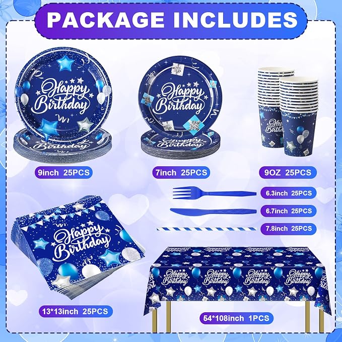 Norme 176 Pcs Navy Blue and Silver Birthday Tableware Set Birthday Decoration Includes Tablecloth Paper Plates Napkins Paper Cups Forks Knifes and Straws for 25 Guests Party Supplies (Classic)