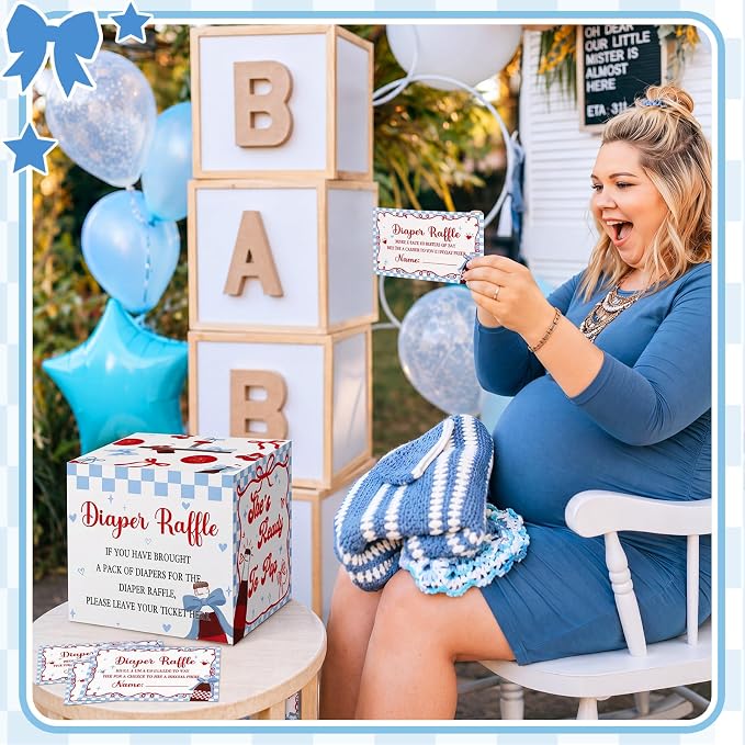 Teling 51 Pieces Diaper Raffle Tickets with Card Box Baby Shower Decorations Baby Shower Holder Box for Girl Boy Diaper Raffle Party(She's Ready to Pop, blue)