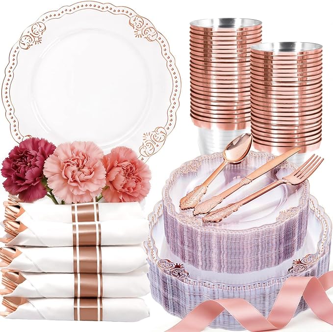 Ciaell 350 PCS Rose Gold Plastic Plates - Rose Gold Disposable Plates Dinnerware Include 50 Disposable Plate, 50 Heavy Duty Silverware, 50 Cups, 50 Napkins for Wedding & Anniversary & Mother's Day