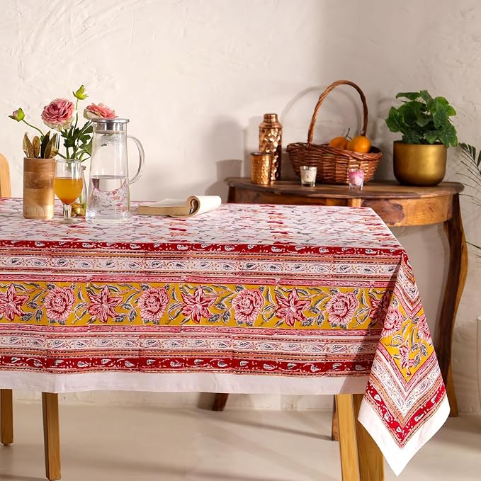 Hand Block Printed Tablecloth, Colorful Floral Print, Indian Artisan Handmade Art, Dining Room, Kitchen, Outdoor Décor, (Ruby Rose Charm, 12 Seater 72 x 135 Inches Rectangle)