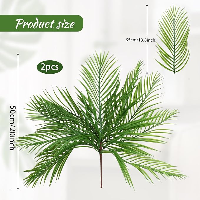 RECUTMS Artificial Palm Plant 2Pcs Fake Tropical Greenery Areca Palm Leaves Bush 20Inches Monstera Leaf Tree Branches for Home Office Garden Jungle Hawaiian Beach Party Outdoor Indoor Decor