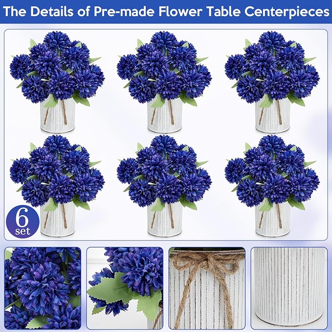 Pre-Made Flower Table Centerpieces, Set of 6 Artificial Silk Chrysanthemum with Farmhouse Metal Vases for Wedding, Birthday Parties, Home, Dining Table Decorations - Royal Blue