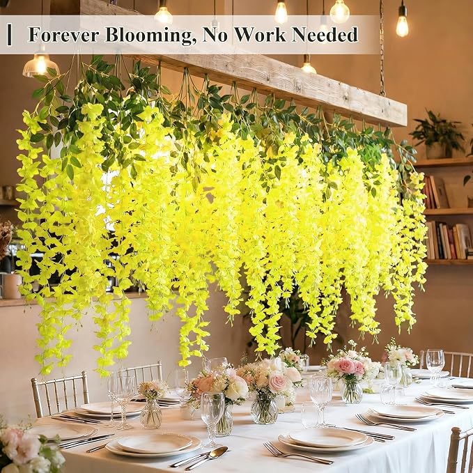 U'Artlines 24 Pack (Total 86.4 Feet) Artificial Fake Wisteria Vine Rattan Hanging Garland Silk Flowers String Home Party Wedding Decor (24,Yellow)