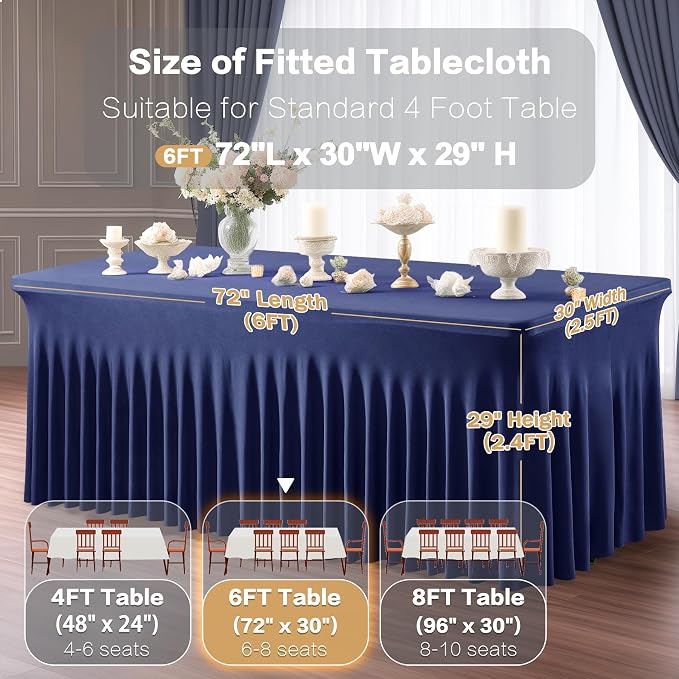 6 Packs Navy Blue Spandex Tableclothes for 6 Foot Rectangle Table, Spandex Table Covers 6FT Stretch Table Skirts Rectangle Wrinkle Free Fitted Tablecover for Event, Wedding, Banquet & Parties