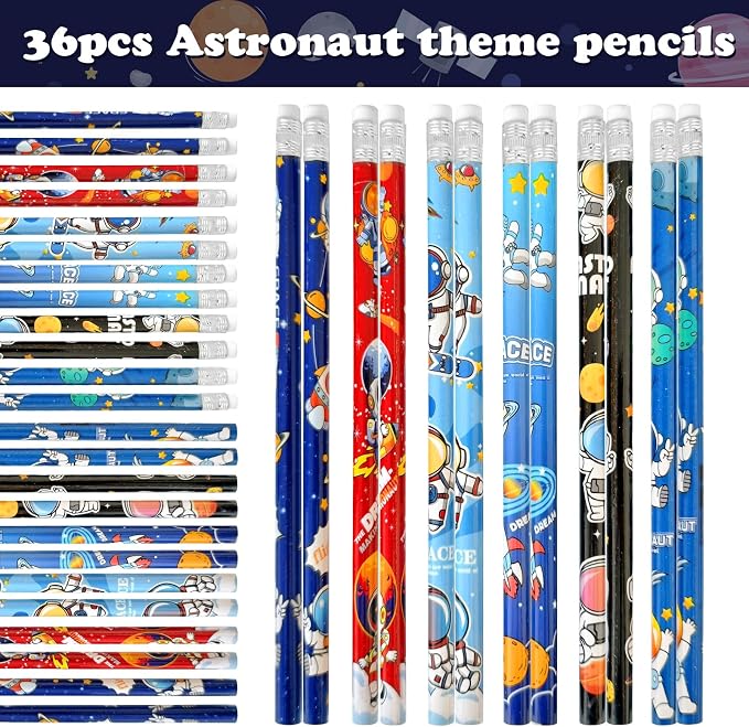 172 Pcs Outer Space Theme Stationery Set Astronaut spaceship rocket 36pencils 36erasers 100Stickers for Space Birthday Party Classroom School Reward Gift Prizes Goodie Bags Stuffers Office (space)