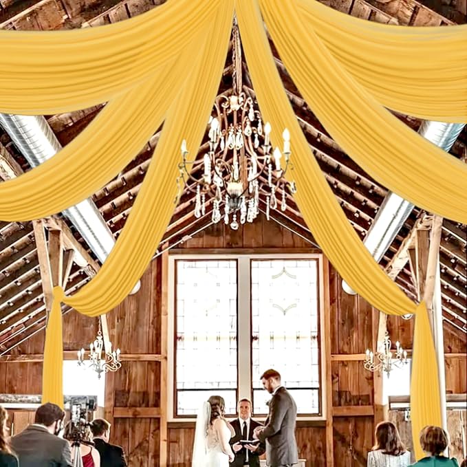 DUOBAO Chiffon Ceiling Drapes 20FT 4 Panels Gold Sheer Wedding Backdrop Curtains for Indoor Events Banquet Hall Tent Drapery Soft Draping Fabric for Arches Christmas and Photography（Golden）