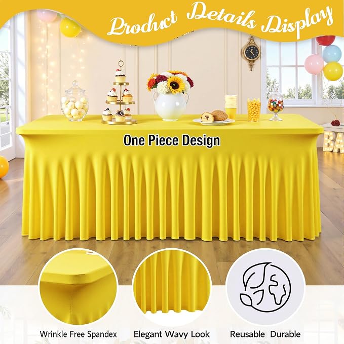 leegleri 2 Pack Yellow Spandex Fitted Table Clothes for 8 Foot Rectangle Tables, Wrinkle Free 8ft Spandex Table Cover, Spandex Table Skirt for 8FT Rectangle Tables-for Banquet Weddings Parties