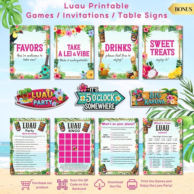 180 Pc Luau Party Decorations Set – Hawaiian Birthday Party Decorations | 2025 Family Choice Award winner – backdrop, balloons, tiki boxes, table skirt, toppers, umbrellas, straws, signs & much more