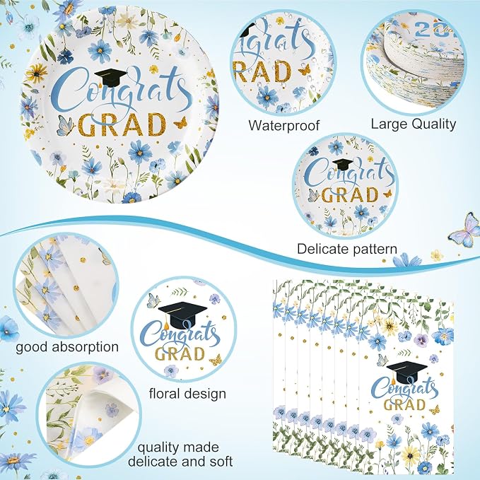 400 Pcs Class of 2026 Light Blue Graduation Decoration Floral for 50 Guests, Flower Blue Gold Graduation Paper Plates Napkins Cups Cutlery Grad Tableware for 2026 Congrats Grad Party Supply