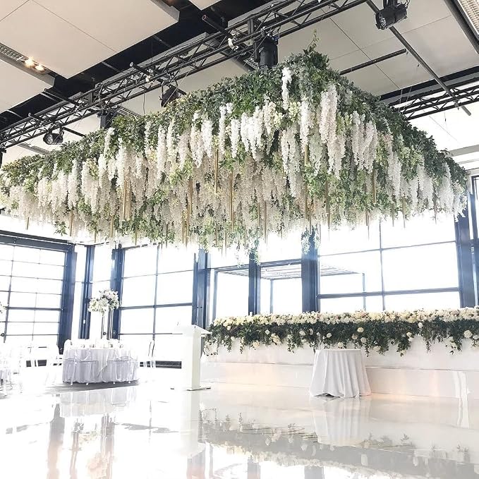 U'Artlines 24 Pack (Total 86.4 Feet) Artificial Fake Wisteria Vine Rattan Hanging Garland Silk Flowers String Home Party Wedding Decor (24, White)