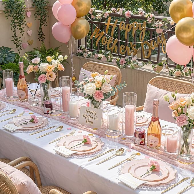 WDF 350Pcs Pink Plastic Plates - Pink and Gold Disposable Plates 50Guest Plastic Dinnerware for Baby Shower/Birthday/Wedding/Spring/Mother's Day