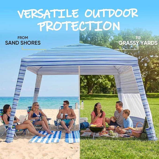 Sekey Beach Cabana - 8x8 FT Easy Setup Beach Shade Canopy UPF 50+ Sun Shelter with Sandbag & Side Wall, Large Portable Outdoor Tent for Family, Light Blue Stripe