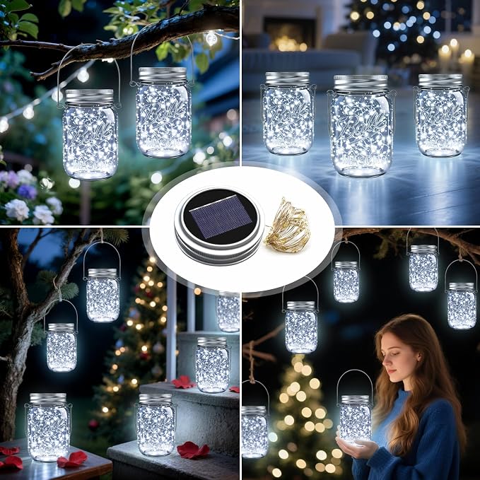 Mason Jar Solar Lights for Outside, 12 Pack 30LED Fairy Lights Mason Jar Solar Lids Outdoor Waterproof String Lights with Hangers(NO Jars) for Patio Garden Yard Lawn Decoration - Cool White