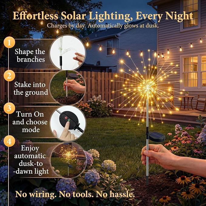 Solar Firework Lights Outdoor 4 Pack, 120LED Solar Starburst Garden Lights with 8 Modes,Waterproof Decorative Sparkler Light for Backyard, Garden, Patio & Lawn Landscape Decor