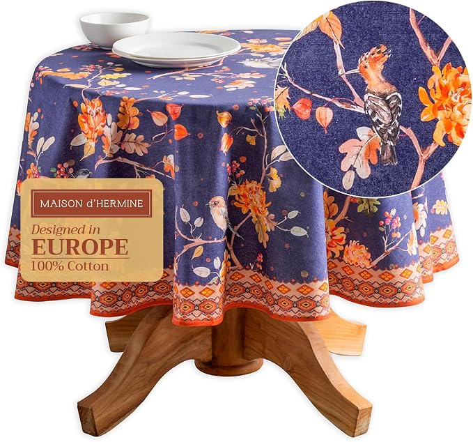 Maison d' Hermine Table Cloth Round Table 100% Cotton 63 Inches Fall Tablecloth Reusable Everyday Use for Thanksgiving Christmas Decorations Dining Farmhouse Party (Kelim - Infinity)