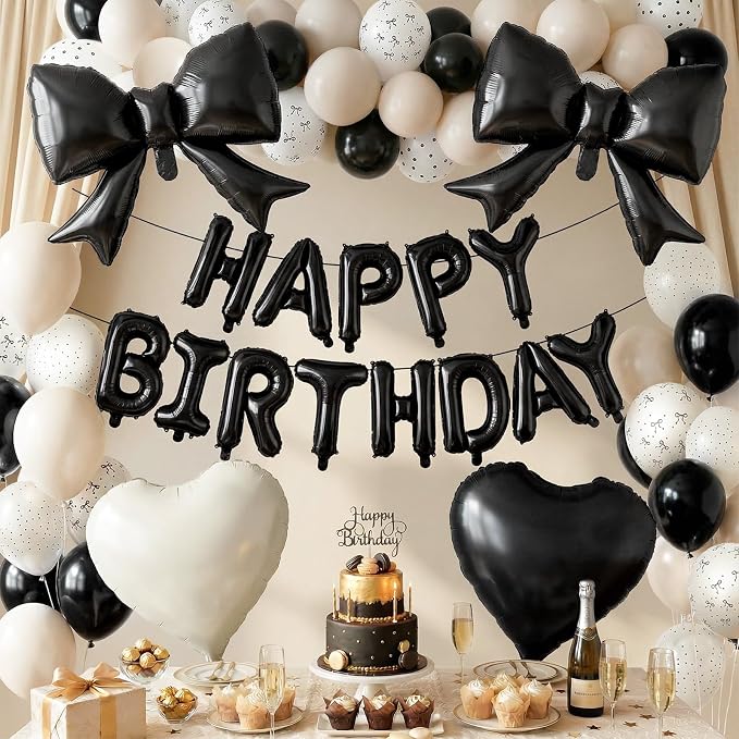 Black White Bow Birthday Decorations Black Sand White Cream Pearl Polka Dot Bows Print Balloon Happy Birthday Banner 38 In Coquette Foil Balloons Heart Balloon for Women Men Bday Party Supplies