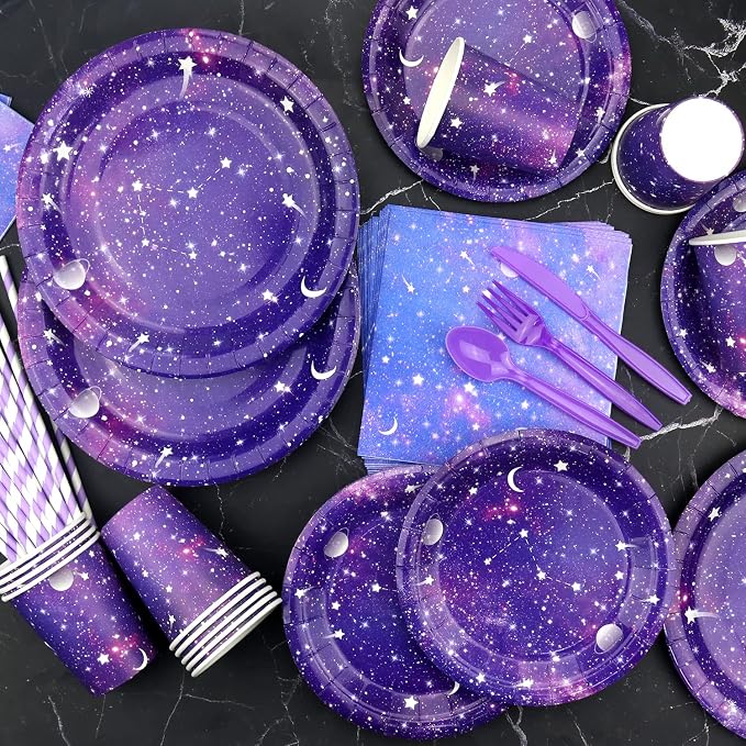 Space Galaxy Party Supplies Tableware Set, Includes Banner, Plates, Cupcake Topper Napkins, Cups,Tablecloth, Balloons, Foil Balloons, for 20 Guests Galaxy Outer Space Theme Birthday Party Decoration
