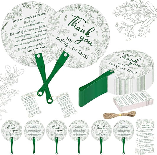 Cinrobiye 100 Sets Wedding Hand Fans Bulk for Guests, Handheld Fans with Thank You Cards, Outdoor Bridal Shower Favors