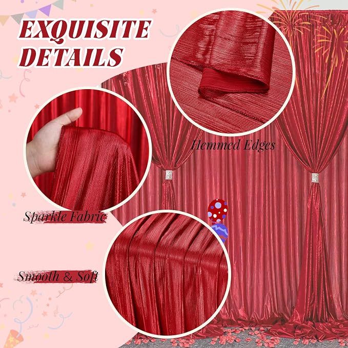 Sequin Photography Backdrop Curtain 4.8FT x 10FT Shimmer Panel 4PCS for Party Decoration Christmas New Year Housewarming Outdoor, Red