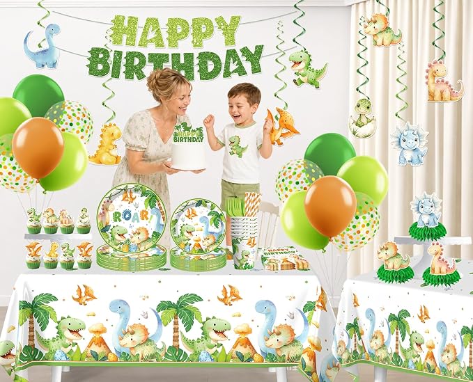 213 pcs Dinosaur Birthday Party Decorations Serve 25, All-in-One Dinosaur Party Decorations Includes Plates, Tablecloth, Cake Toppers, Cupcake Toppers