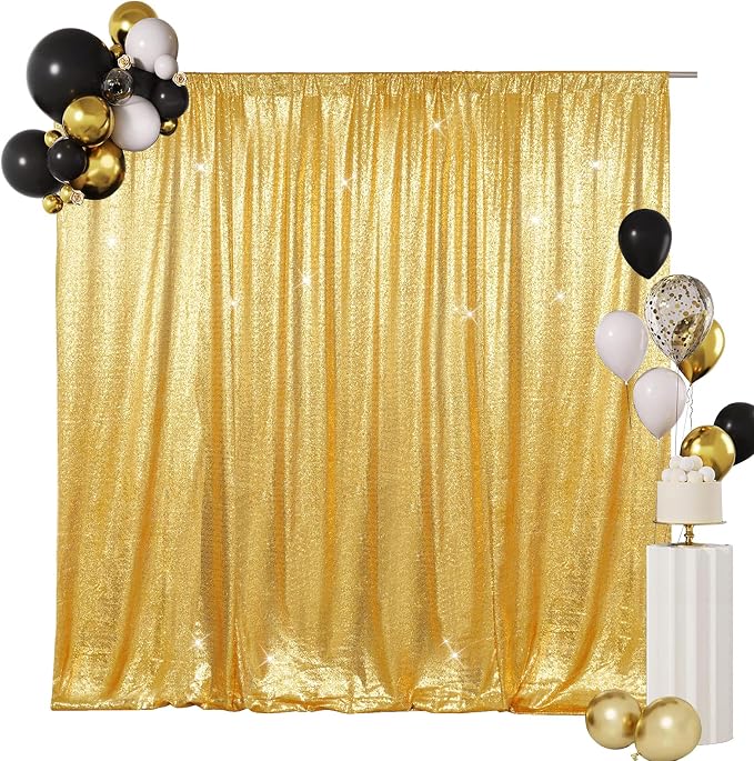 SquarePie 5x7ft Gold Sequin Backdrop for Photography, Satin-Backed Real Sequin Curtain, Enhanced Coverage Shimmering Background with 4" Rod Pocket for Wedding, Birthday, Party Decor, 1 Panel