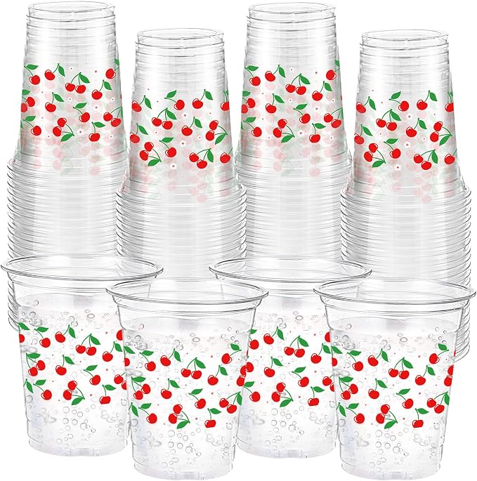 Funnymoom 60 Pack Cherry Plastic Cups 12 oz Red Cherry Disposable Clear Plastic Drinking Cups for Summer Spring Fruit Theme Baby Shower Birthday Holiday Party Decoration Favors Supplies