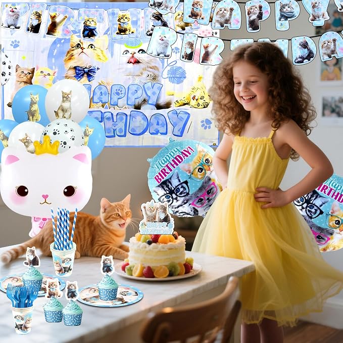 141Pcs Cat Birthday Decorations, Cat Birthday Party Supplies, Cat Birthday Party Decorations Include Plates Cups Napkins Tablecloth Balloons Cake Toppers for Kids Party
