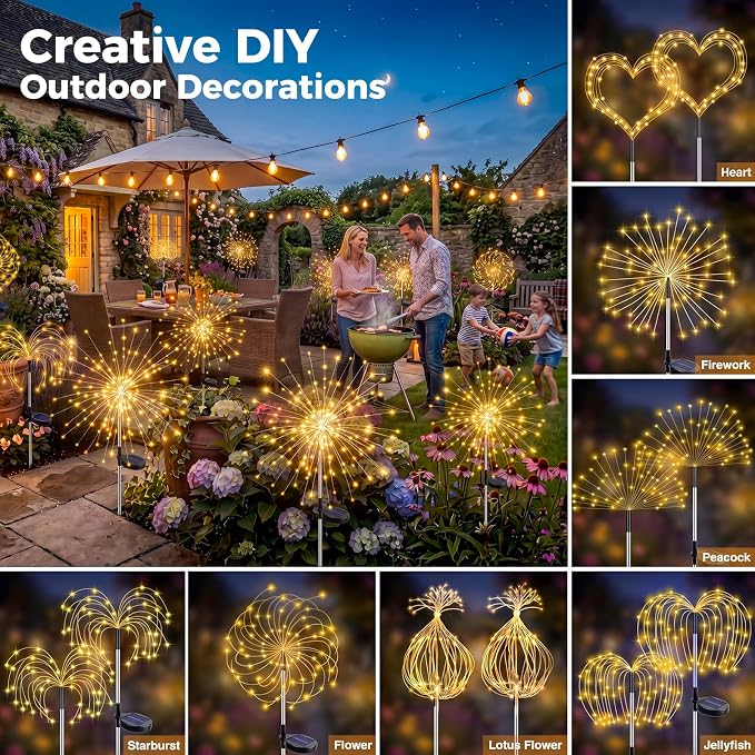 btfarm 6 Pack 120 LED Solar Garden Lights Outdoor, 8 Modes Firework Lights Solar Powered, Waterproof Twinkle Fairy Light Outside for Yard Patio Pathway Pool Christmas Party Decorative, Warm White