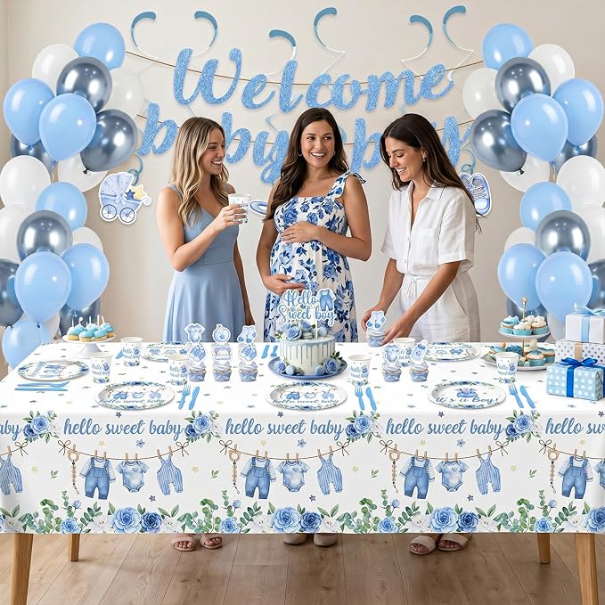 202PCS Blue Baby Boy Shower Decorations Tableware Set, 24 Serves Disposable Plates Napkins Cups Set with Banner Plates Napkins Balloons Tableware Cake Topper for Baby Boy Baby Shower Decorations