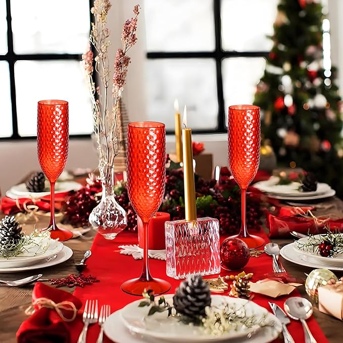 12 Pack Red Plastic Champagne Flutes Mimosa Unbreakable Champagne Glasses Wedding Toasting Glasses 5.5 OZ Reusable Diamond Glasses Wine Cups Vintage Drinking Glasses for Wedding,Christmas,Party